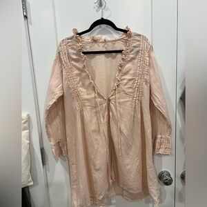 Cottagecore Boho Pink Cotton Open Blouse Ruffle Trim Tunic Medium?